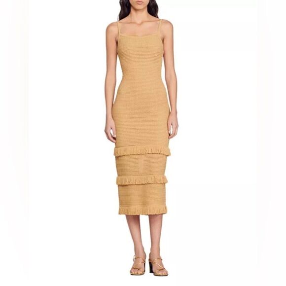 Sandro Anvers Pointelle Knit Midi Dress in camel NWT SIZE 42/ us 10 - Picture 1 of 7